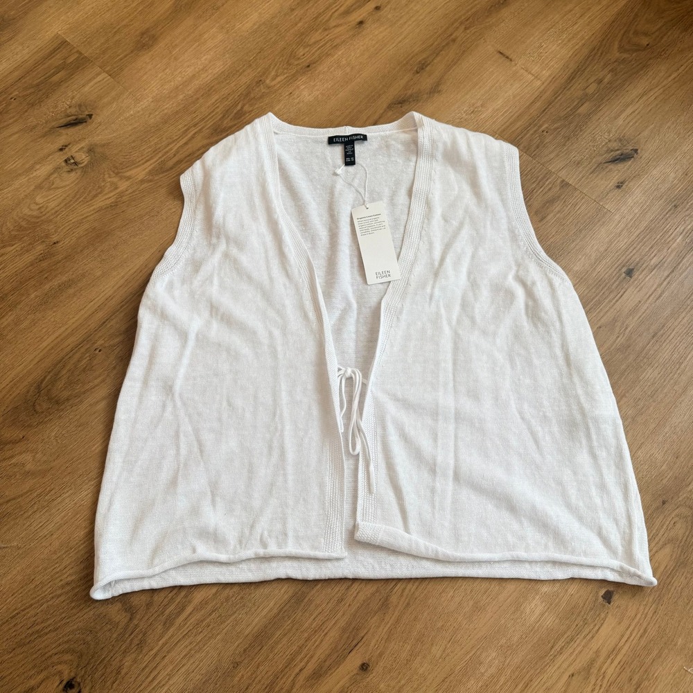 NWT EILEEN FISHER White Organic Linen Cotton V-Neck Tie Front Knit Vest XS